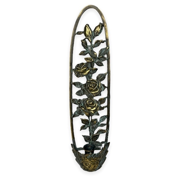 Antiqued Patina Brass 16.5” Tall Wall Sconce Candle Hanger with Rose Embossed - Picture 1 of 11
